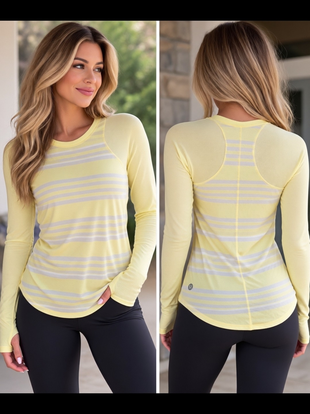 Lululemon Yellow & White Striped Long Sleeve Athletic Top